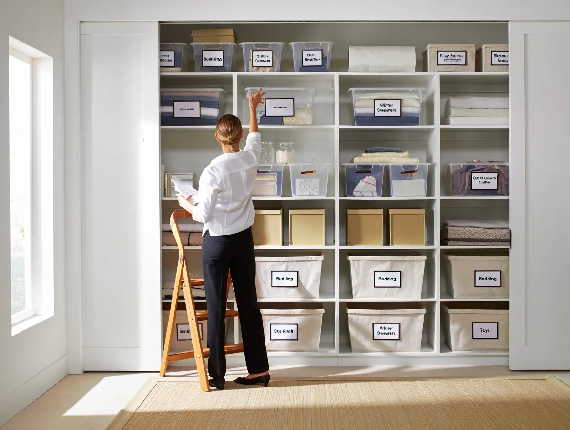 Professional organizer arranging items in organized storage