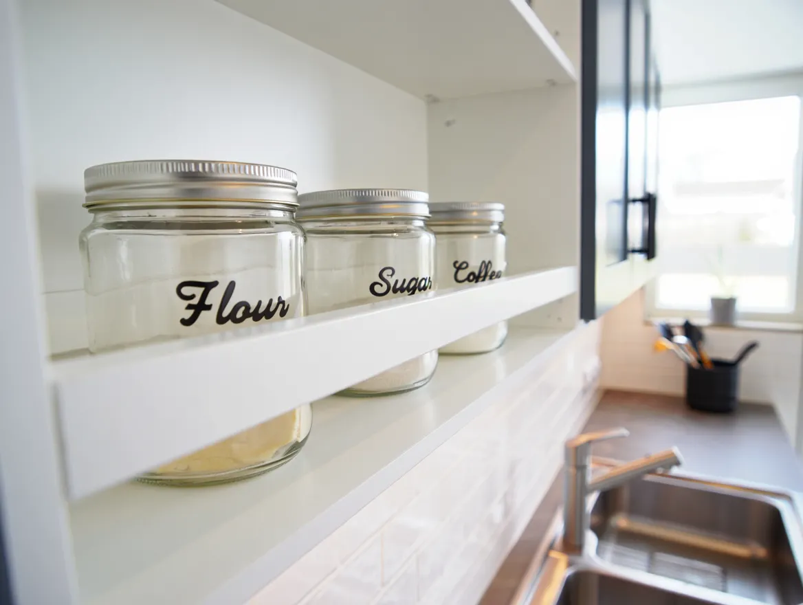 Organized kitchen with labeled containers and clear countertops
