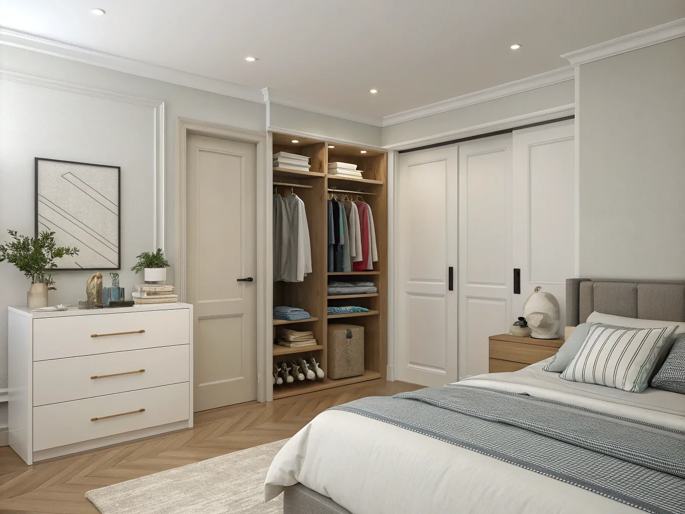 Neat bedroom with organized closet and minimal surfaces