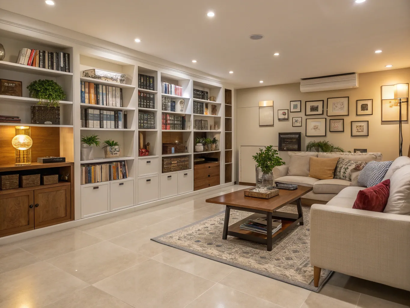 Tidy living room with organized shelves and clear floor space