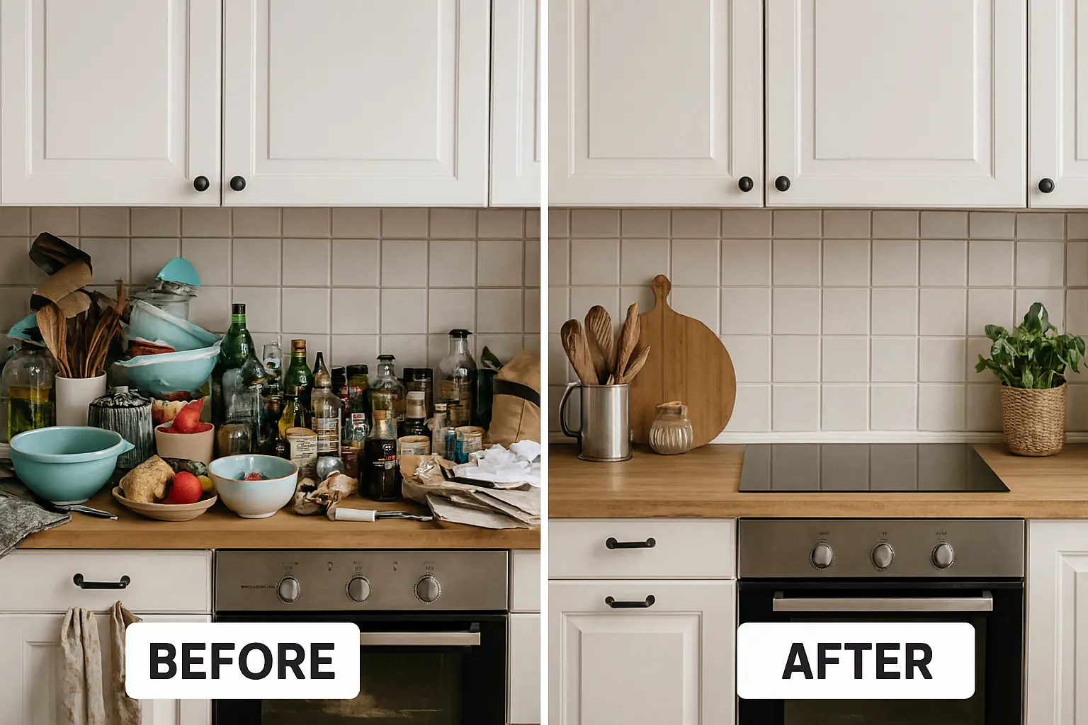 Before: Cluttered kitchen with items covering countertops. After: Clean, organized kitchen with clear surfaces