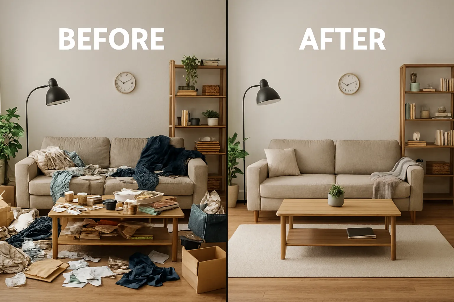 Before: Cluttered living room. After: Organized living space with clear surfaces and functional storage