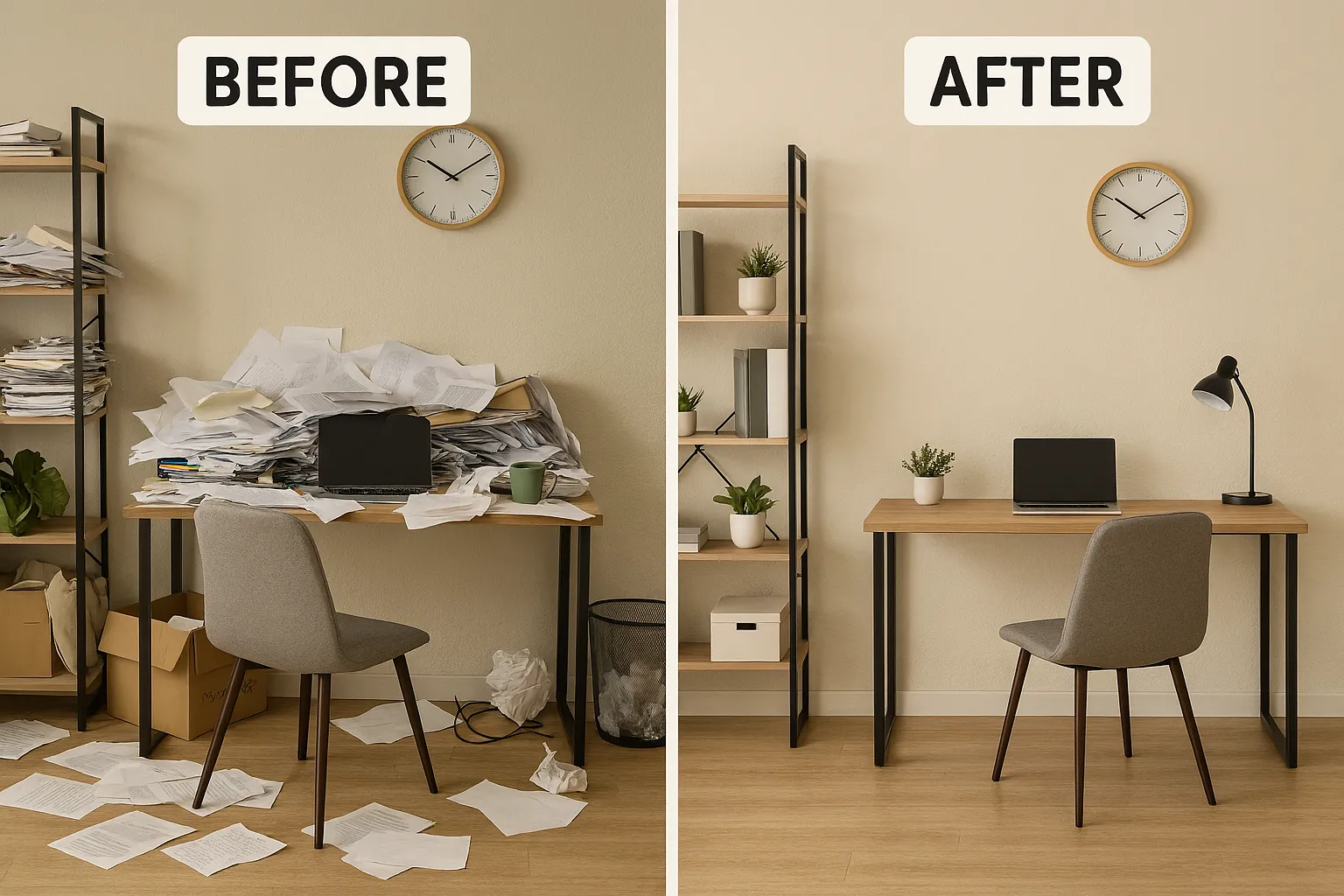 Before: Messy home office. After: Clean workspace with organized files and clear desk